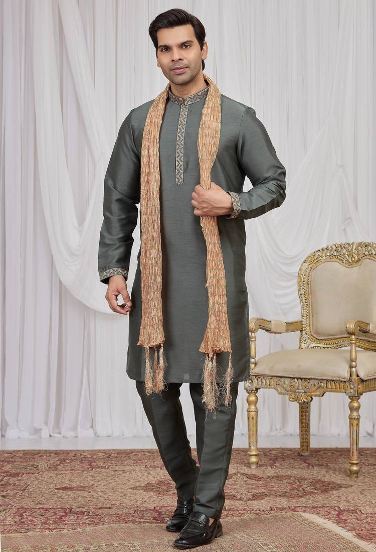 Green art silk kurta for men