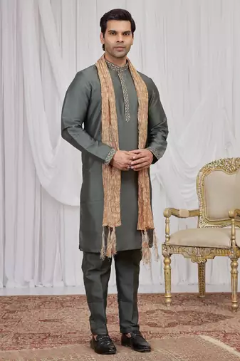 Green art silk kurta for men