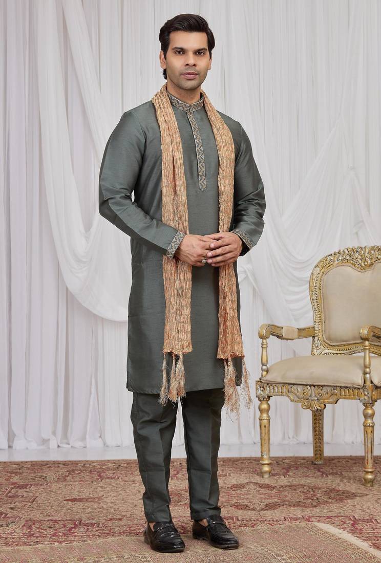 Green art silk kurta for men