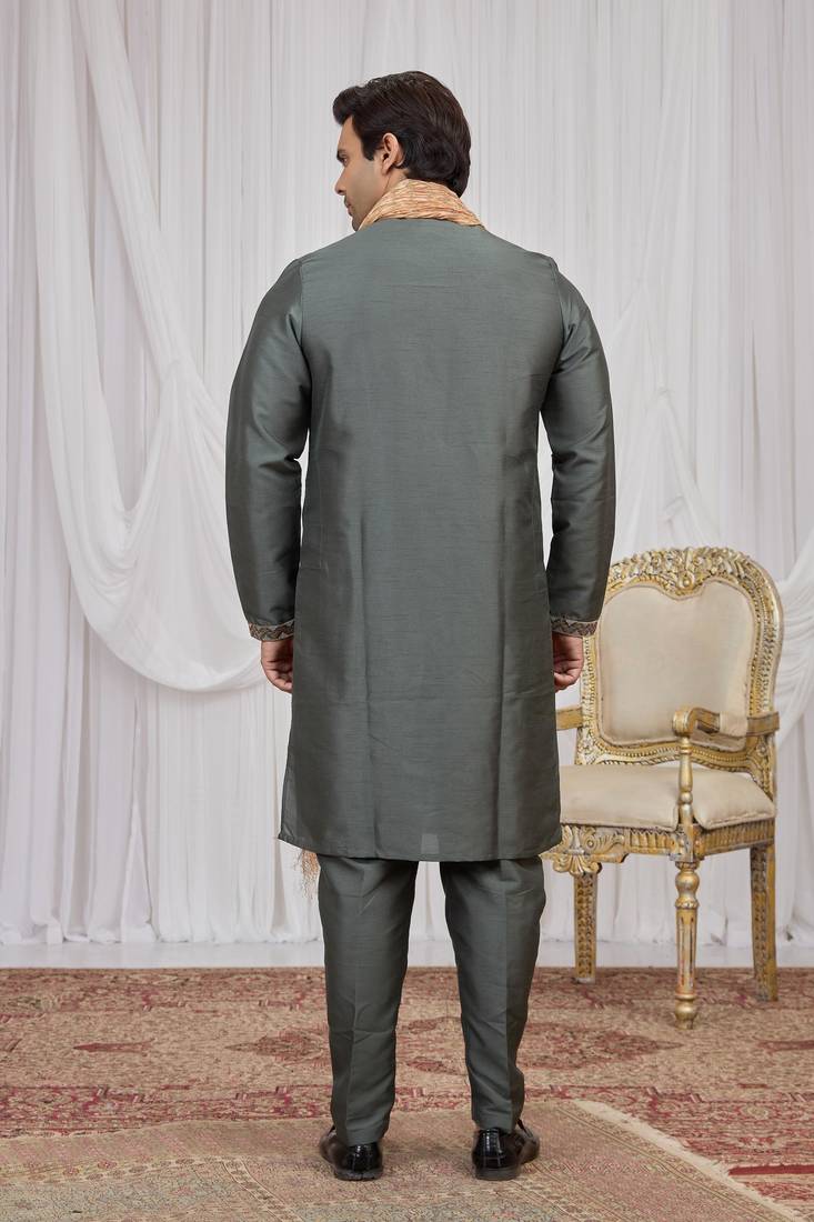 Green art silk kurta for men