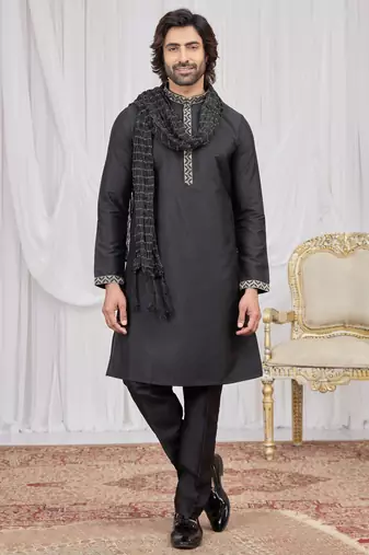 Black art silk kurta for men