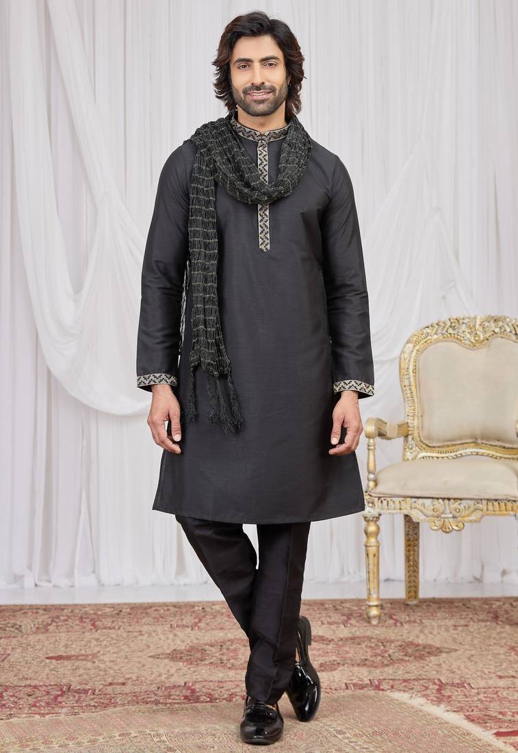 Black art silk kurta for men