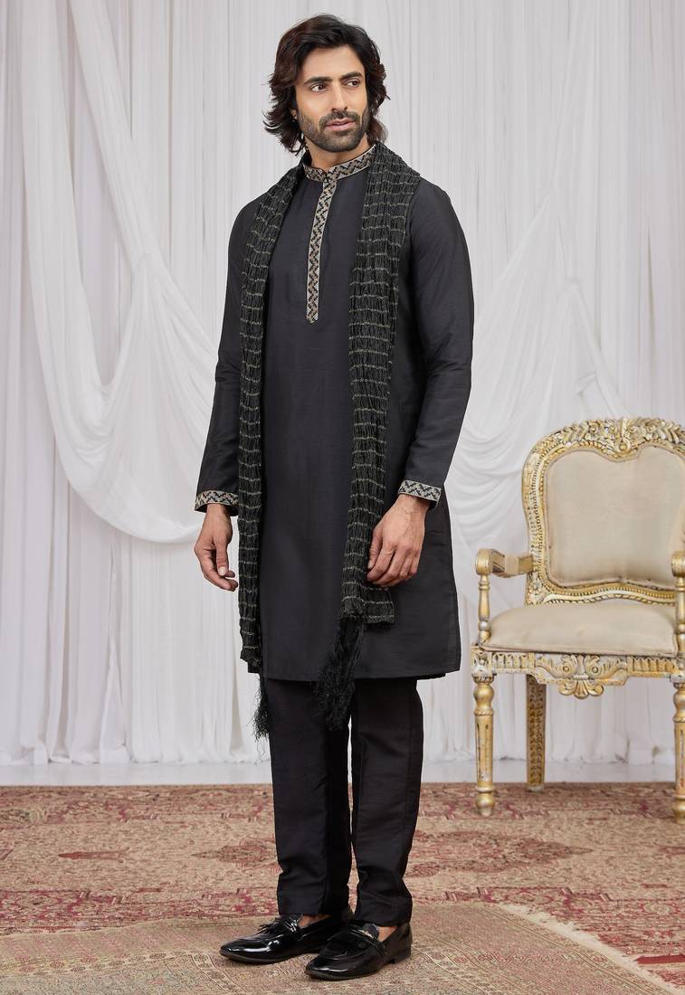 Black art silk kurta for men