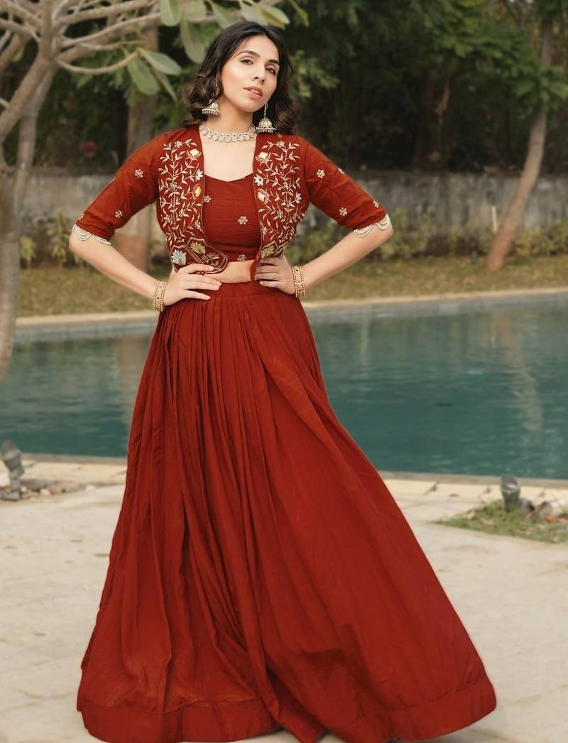 ORANGE Elegant NC Vichitra Lehenga Set with Embroidered Blouse & Koti Jacket – Traditional Festive Wear