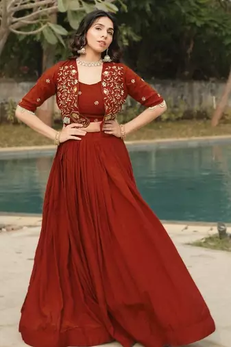 ORANGE Elegant NC Vichitra Lehenga Set with Embroidered Blouse & Koti Jacket     Traditional Festive Wear