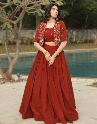ORANGE Elegant NC Vichitra Lehenga Set with Embroidered Blouse & Koti Jacket   Traditional Festive Wear 3