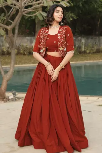 ORANGE Elegant NC Vichitra Lehenga Set with Embroidered Blouse & Koti Jacket     Traditional Festive Wear