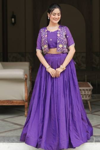 PURPLE Elegant NC Vichitra Lehenga Set with Embroidered Blouse & Koti Jacket – Traditional Festive Wear