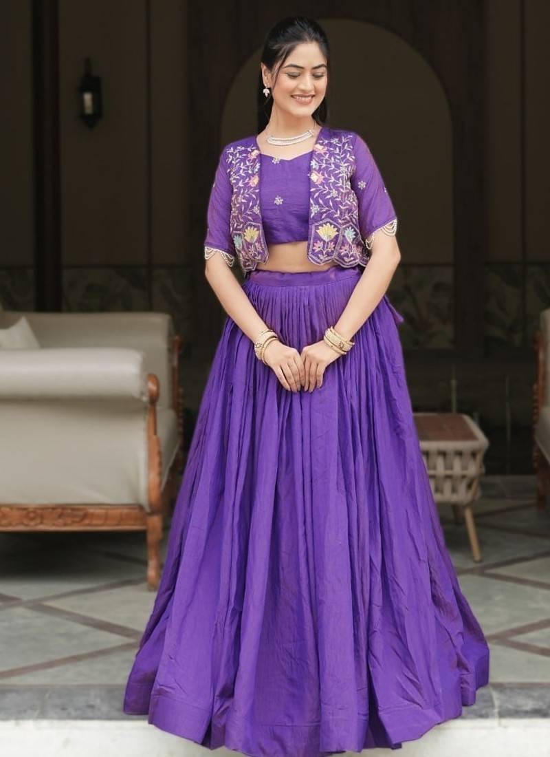 PURPLE Elegant NC Vichitra Lehenga Set with Embroidered Blouse & Koti Jacket – Traditional Festive Wear