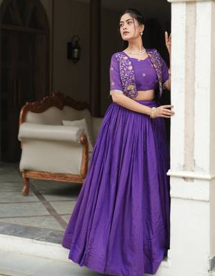 PURPLE Elegant NC Vichitra Lehenga Set with Embroidered Blouse & Koti Jacket   Traditional Festive Wear 2