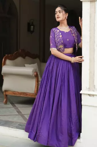PURPLE Elegant NC Vichitra Lehenga Set with Embroidered Blouse & Koti Jacket     Traditional Festive Wear