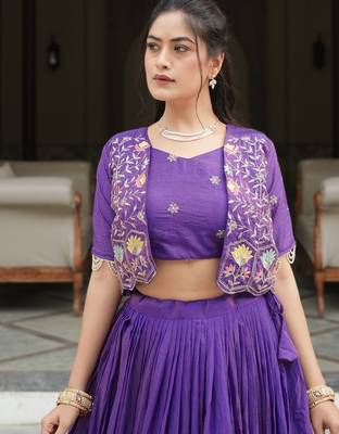 PURPLE Elegant NC Vichitra Lehenga Set with Embroidered Blouse & Koti Jacket   Traditional Festive Wear 3