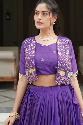 PURPLE Elegant NC Vichitra Lehenga Set with Embroidered Blouse & Koti Jacket     Traditional Festive Wear