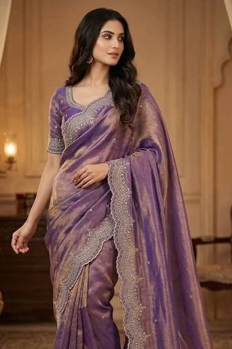Lavendar Color embroidery work with Cut  work border And Havy Daimond Work silk Saree