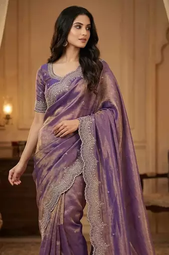 Lavendar Color embroidery work with Cut  work border And Havy Daimond Work silk Saree