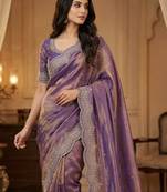Lavendar Color embroidery work with Cut  work border And Havy Daimond Work silk Saree