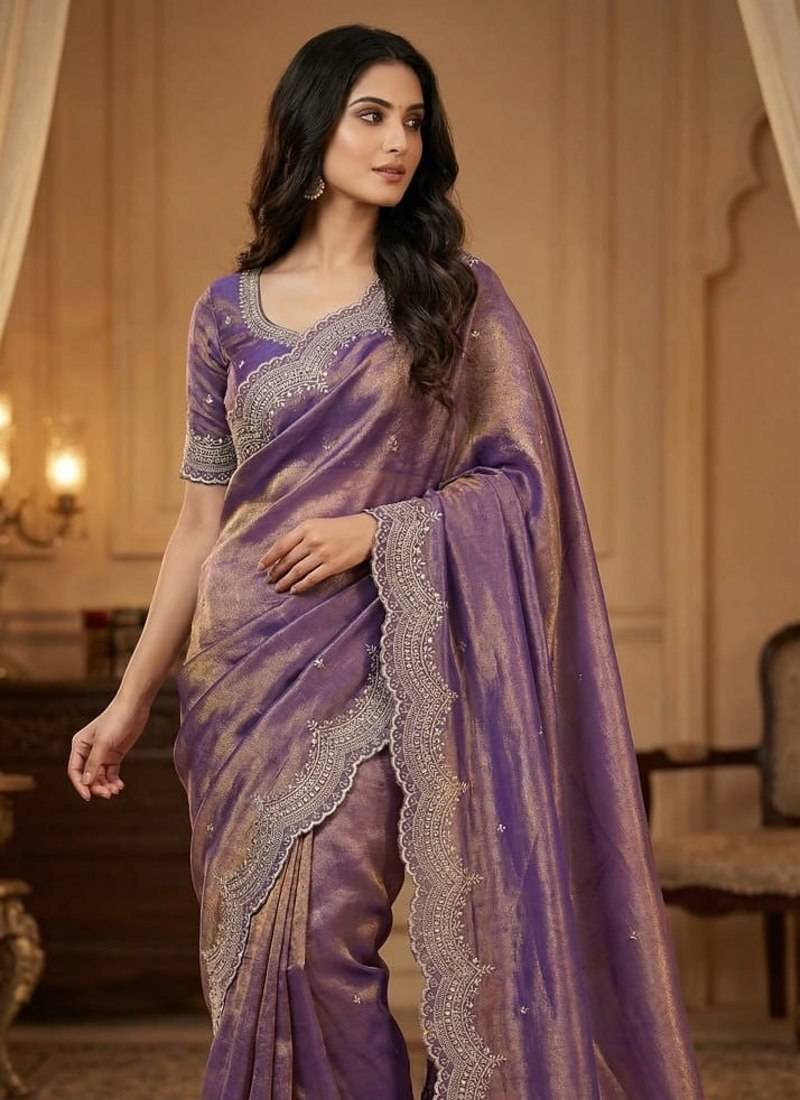 Lavendar Color embroidery work with Cut  work border And Havy Daimond Work silk Saree