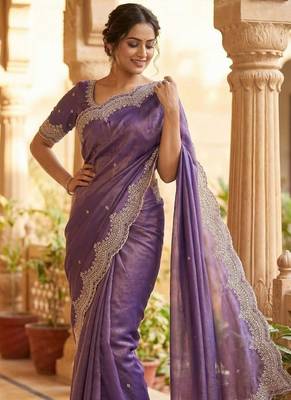 Lavendar Color embroidery work with Cut  work border And Havy Daimond Work art silk saree 2