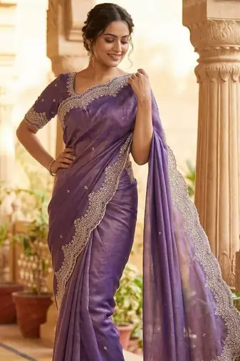 Lavendar Color embroidery work with Cut  work border And Havy Daimond Work art silk saree