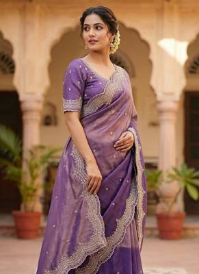 Lavendar Color embroidery work with Cut  work border And Havy Daimond Work art silk saree 3