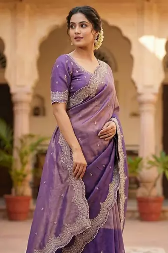 Lavendar Color embroidery work with Cut  work border And Havy Daimond Work art silk saree