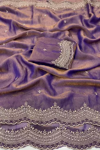 Lavendar Color embroidery work with Cut  work border And Havy Daimond Work art silk saree