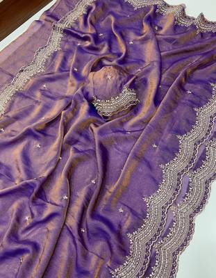 Lavendar Color embroidery work with Cut  work border And Havy Daimond Work art silk saree 5