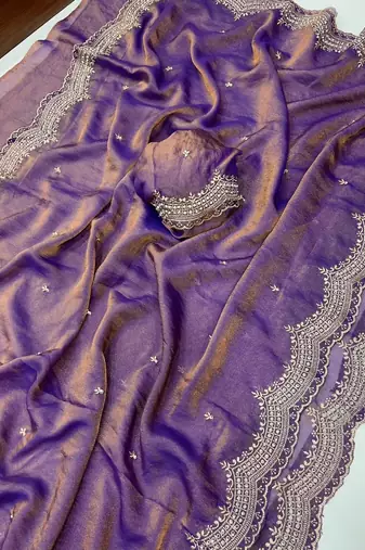 Lavendar Color embroidery work with Cut  work border And Havy Daimond Work art silk saree