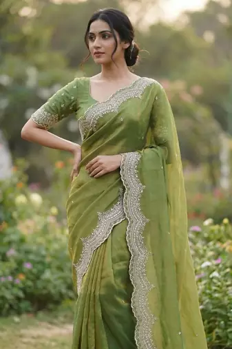 Olive Color embroidery work with Cut  work border And Havy Daimond Work silk Saree