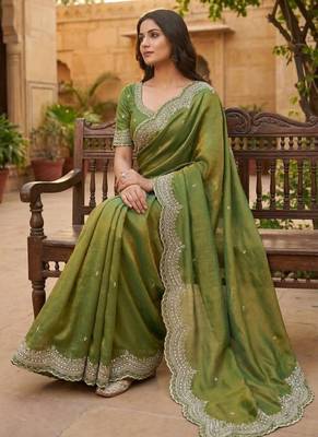Olive Color embroidery work with Cut  work border And Havy Daimond Work art silk saree 3