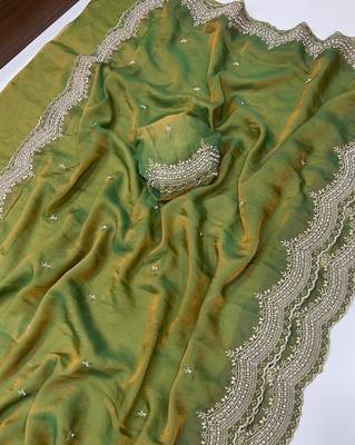 Olive Color embroidery work with Cut  work border And Havy Daimond Work art silk saree 5