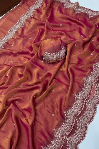 Peach Color embroidery work with Cut  work border And Havy Daimond Work silk Saree