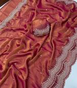 Peach Color embroidery work with Cut  work border And Havy Daimond Work silk Saree