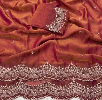 Peach Color embroidery work with Cut  work border And Havy Daimond Work art silk saree 3