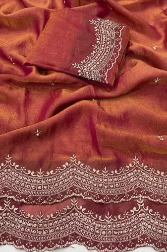 Peach Color embroidery work with Cut  work border And Havy Daimond Work art silk saree