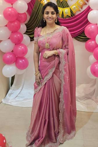 Pink Color embroidery work with Cut  work border And Havy Daimond Work silk Saree