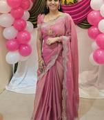 Pink Color embroidery work with Cut  work border And Havy Daimond Work silk Saree