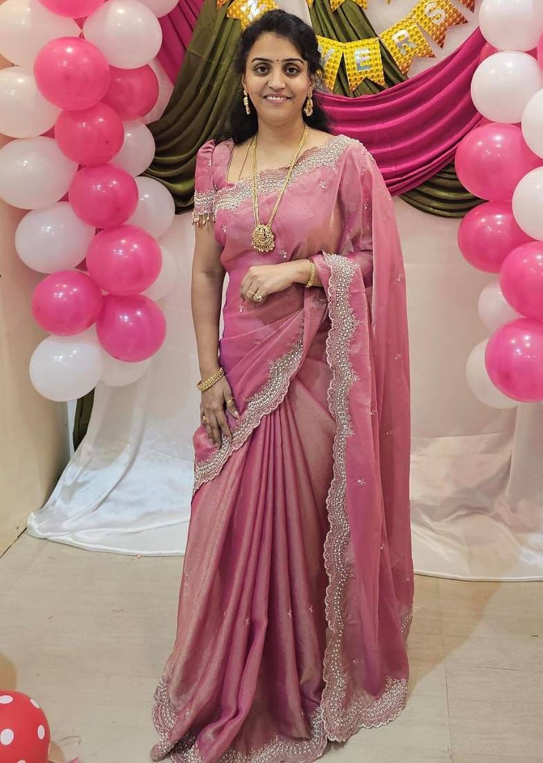 Pink Color embroidery work with Cut  work border And Havy Daimond Work silk Saree