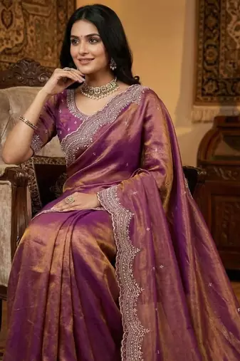 Pink Color embroidery work with Cut  work border And Havy Daimond Work art silk saree