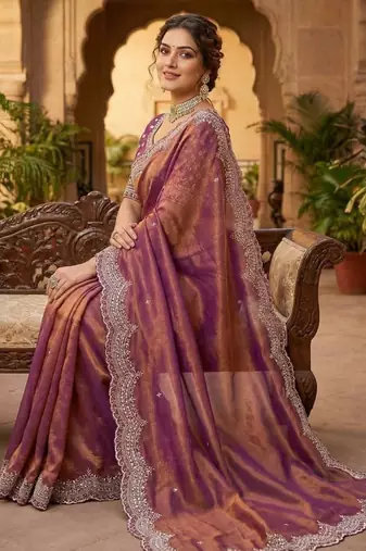 Pink Color embroidery work with Cut  work border And Havy Daimond Work art silk saree
