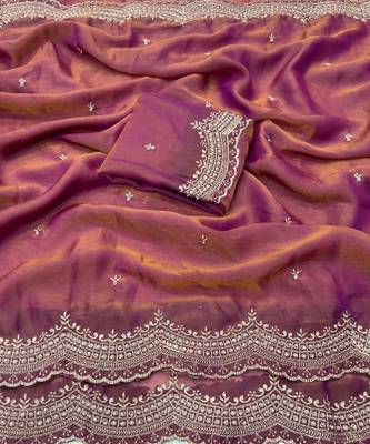 Pink Color embroidery work with Cut  work border And Havy Daimond Work art silk saree 5