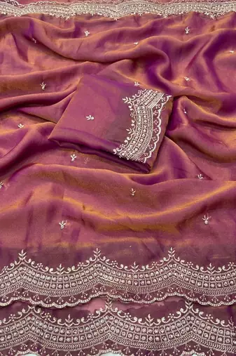 Pink Color embroidery work with Cut  work border And Havy Daimond Work art silk saree