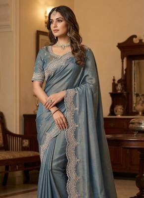 Sky Blue Color embroidery work with Cut  work border And Havy Daimond Work art silk saree 1