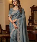 Sky Blue Color embroidery work with Cut  work border And Havy Daimond Work silk Saree