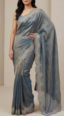 Sky Blue Color embroidery work with Cut  work border And Havy Daimond Work art silk saree 2