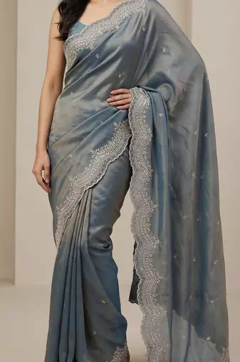 Sky Blue Color embroidery work with Cut  work border And Havy Daimond Work art silk saree