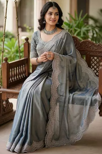 Sky Blue Color embroidery work with Cut  work border And Havy Daimond Work art silk saree