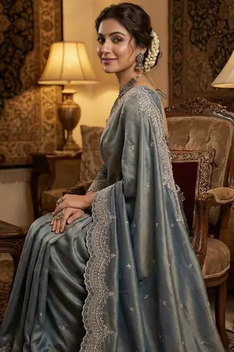 Sky Blue Color embroidery work with Cut  work border And Havy Daimond Work art silk saree