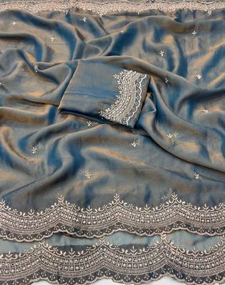 Sky Blue Color embroidery work with Cut  work border And Havy Daimond Work art silk saree 5