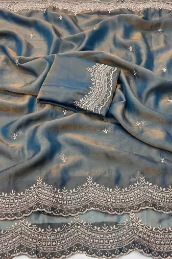Sky Blue Color embroidery work with Cut  work border And Havy Daimond Work art silk saree